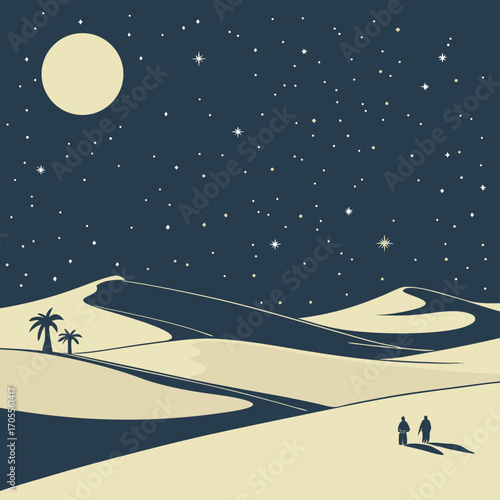 Vector art of a serene desert landscape unfolds under a starlit sky, where two figures embark on a journey across the dunes, guided by the gentle glow of the moon and the distant palm trees