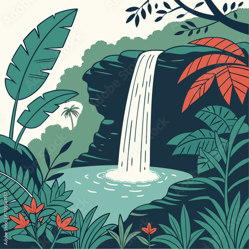 Vector art of a picturesque waterfall plunges into a clear pool, framed by vibrant tropical plants and trees, creating a captivating view of natures splendor and serenity