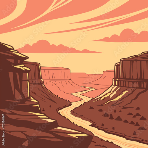 Vector art of a scenic view of a grand canyon with a winding river cutting through the landscape, under a warm, cloudy sky, evoking a sense of adventure and natural beauty
