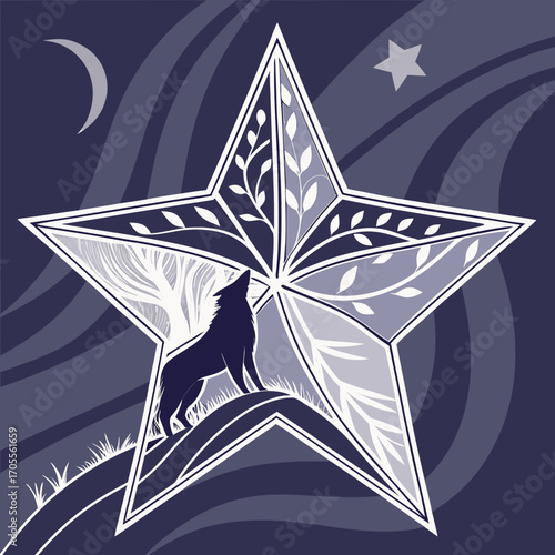 Vector art of a symbolic illustration of a wolf howling within a star, set against a night sky with a crescent moon, representing wilderness, mystery, and nature