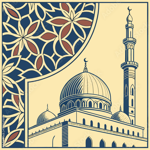 Vector art of a stunning islamic mosque illustration set against a backdrop of intricate floral designs, capturing the essence of faith and artistry, a visual symphony