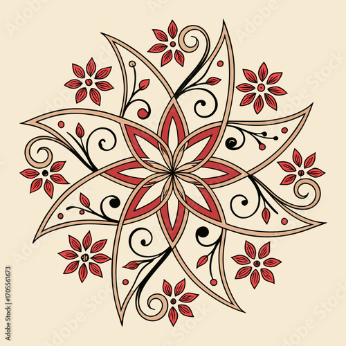 Vector art of a symmetrical floral design, a captivating dance of petals and swirls, where natures artistry meets geometric precision, creating a harmonious and enchanting visual symphony