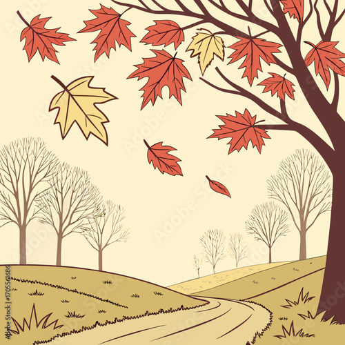 Vector art of a tranquil autumn landscape featuring bare trees and falling maple leaves along a winding path, capturing the essence of the seasons transition and beauty