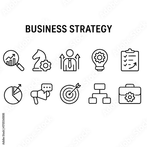 10 icons of Business strategy set of web icons in line style. A collection of linear icon representing key business concepts, including market analysis, strategy, leadership, innovation, planning.
