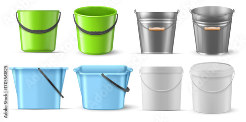 Plastic and metal buckets for house chores and duties. Vector isolated realistic polymer and metallic containers collection with carrying handles. Gardening equipment or household tools.