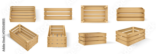 Empty wooden boxes in realistic style. Vector isolated crates set, views from side, bottom and up. Rectangular shaped storages and packaging. Wood crates for tools and books, gifts or food products