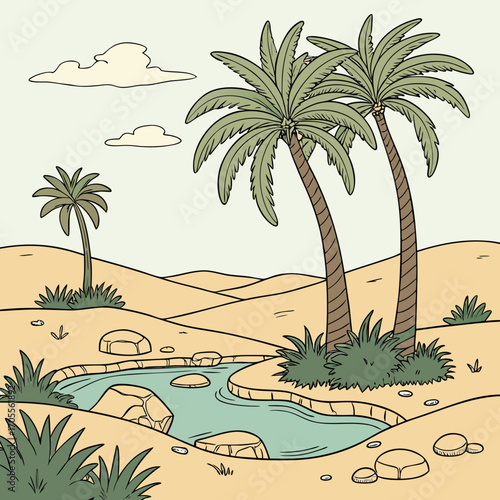 Vector art of a whimsical illustration of a desert oasis scene, featuring swaying palm trees, rolling sand dunes, and a tranquil stream, creating a serene and inviting atmosphere
