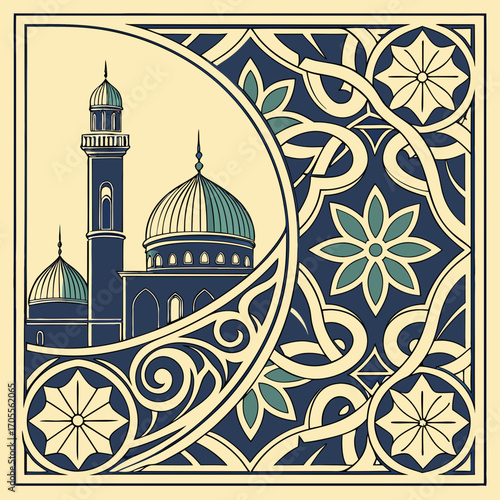 Vector art of an exquisite islamic art piece showcasing a mosque amidst ornate floral patterns, blending architectural grandeur with delicate design, a timeless masterpiece