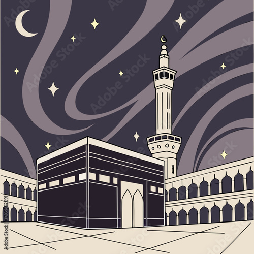 Vector art of an illustration of the masjid alharam in mecca, featuring the kaaba under a starry night sky with a crescent moon, showcasing islamic architecture and religious significance