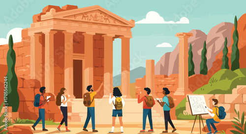 Ancient Greek Temple with Tourists and Artist, Vector Illustration
