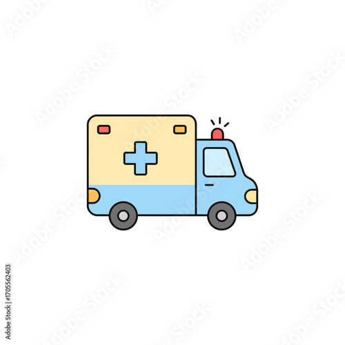 Illustrated ambulance speeding to an emergency providing urgent medical assistance on a white backdrop ideal for healthcare and transportation designs.