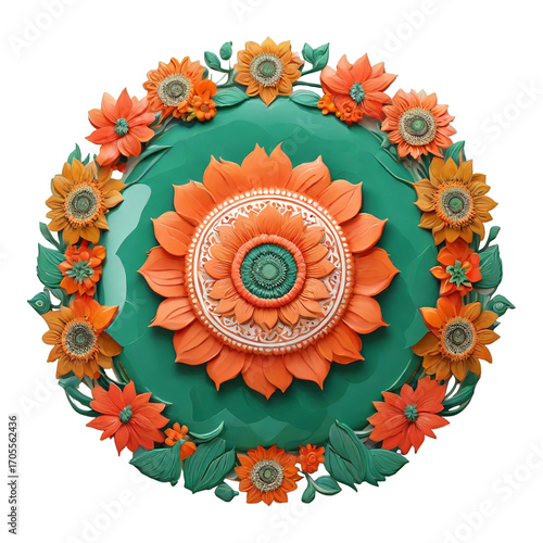 Orange Green Floral Mandala With Surrounding Flowers Isolated ornament decoration