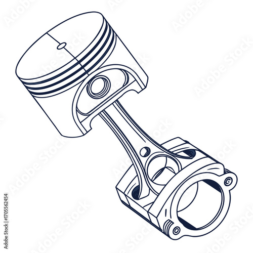Vector art of detailed line art illustration of a piston and connecting rod, showcasing mechanical engineering and automotive technology