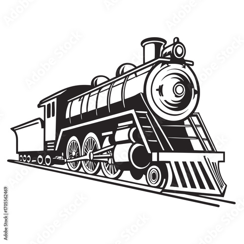 Black and white graphic of a historical steam locomotive with tender on railway tracks viewed from the side