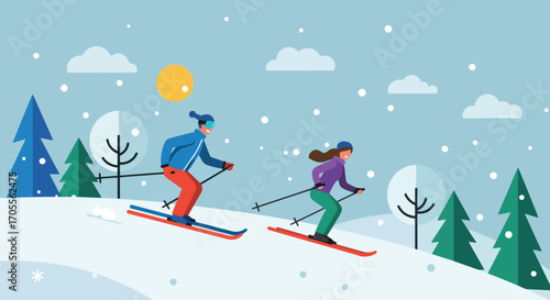 Two Skiers Skiing Downhill on Snowy Slope in Winter