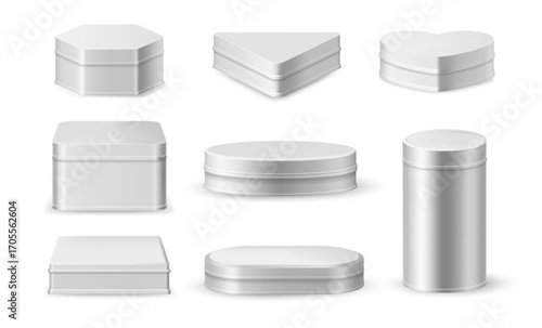 Metal boxes collection, food containers in different geometric forms. Vector realistic triangle and heart, hexagon and square, oval and ellipse, cylinder and rectangular shaped storages with lids