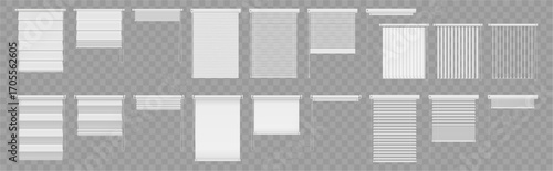 Blind window mockups. Vector closed and open horizontal blinds cover collection. Glass pane treatment designs, home interiors or branding concepts. Shades or shutters for living space or offices