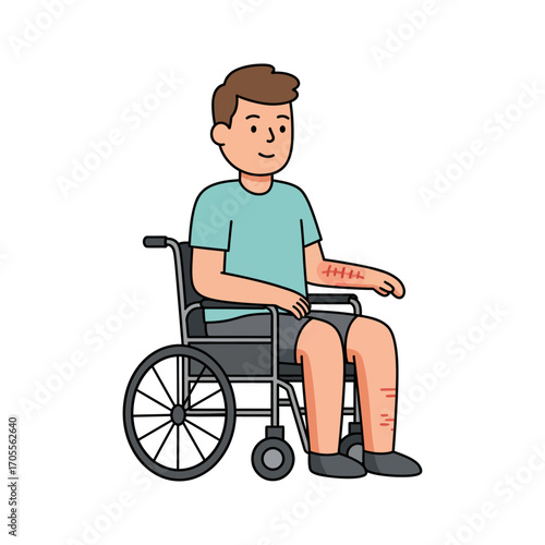 injured man in wheelchair with arm and leg scars sitting looking hopeful conveying accident recovery and healing perfect for health awareness blogs
