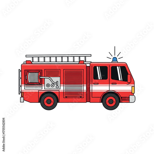 Red Fire Truck Vehicle With Ladder and Lights.