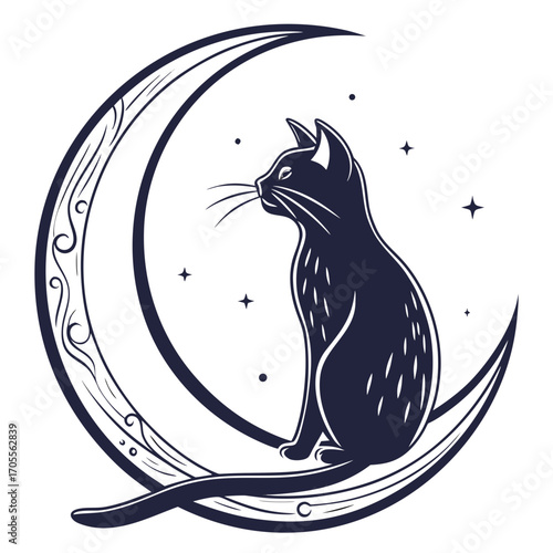 Vector art of enigmatic black cat perched on a crescent moon, surrounded by stars, creating a captivating scene of mystery, magic, and feline grace