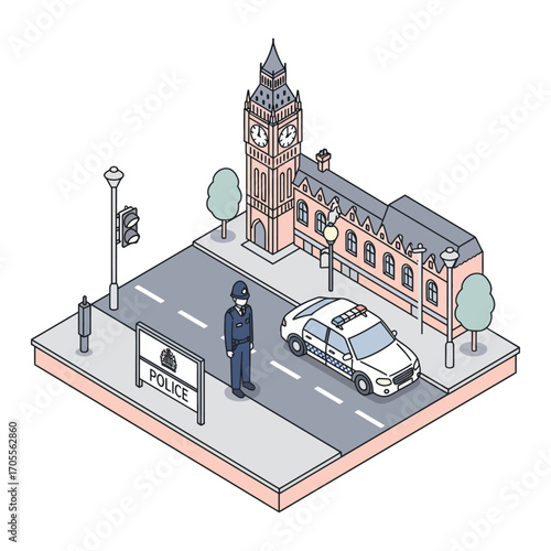 Isometric London police officer standing guard near Big Ben and police car representing law and order in the UK suitable for travel blogs.