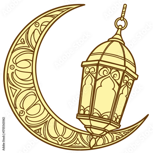 Vector art of golden crescent moon and ornate lantern, a harmonious blend of celestial beauty and architectural elegance, evoking a sense of wonder