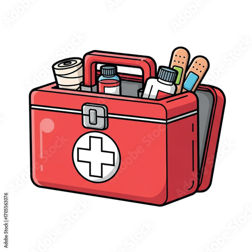 Red First Aid Kit With Medical Supplies.