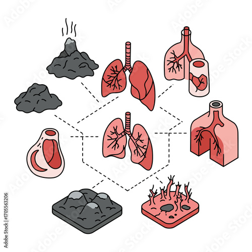 lung damage from air pollution showing unhealthy lungs with pollutants representing respiratory illness for healthcare content and environmental awareness.
