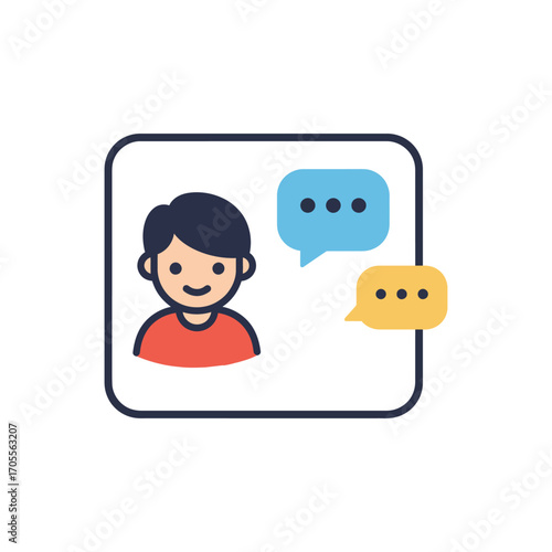 Man with speech bubbles a person communicating ideas fostering teamwork in a discussion perfect for business tutorials and online education.