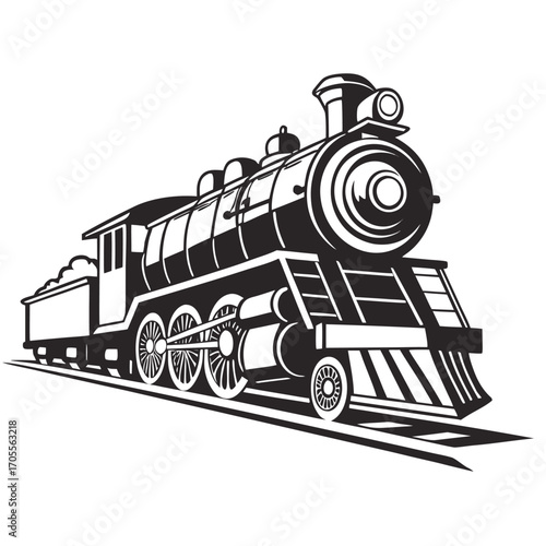 Black and white illustration of a steam engine with a coal tender on railroad tracks locomotive