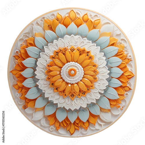 Orange White and Blue Mandala with Leaf-like Petals on White flower floral