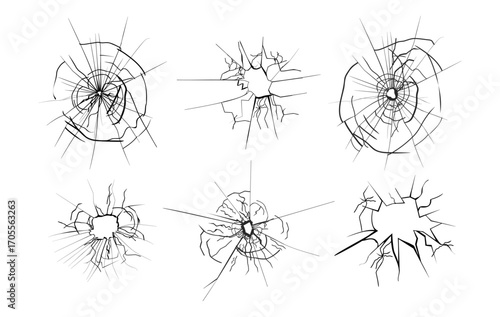 Broken glasses set with holes and cracks. Vector cracked or crashed hard brittle transparent solid surface in grunge style. Damaged window or door pane and windscreen with sharp edges and fragments