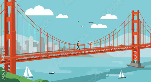 Iconic Golden Gate Bridge with Pedestrian Walking Across in Illustration