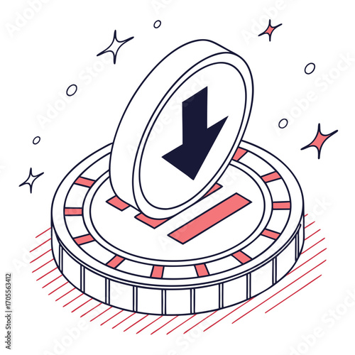 Vector art of isometric illustration of a coin with a downward arrow, symbolizing financial loss, investment decline, or economic downturn