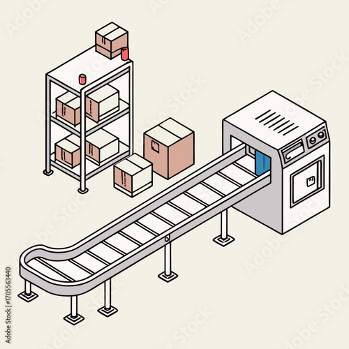 Vector art of isometric illustration of a conveyor belt system with boxes being processed and stored, showcasing automation and logistics in a modern industrial setting