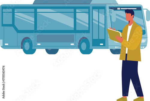 Man noting bus timing in calendar