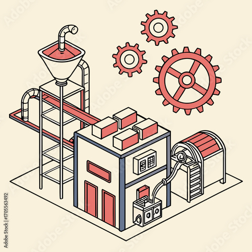 Vector art of isometric illustration of a factory with gears, representing industrial production, manufacturing, and the interconnectedness of processes