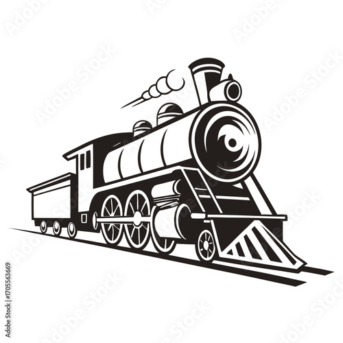 Black and white illustration of a vintage steam locomotive emitting smoke on railway tracks steam engine