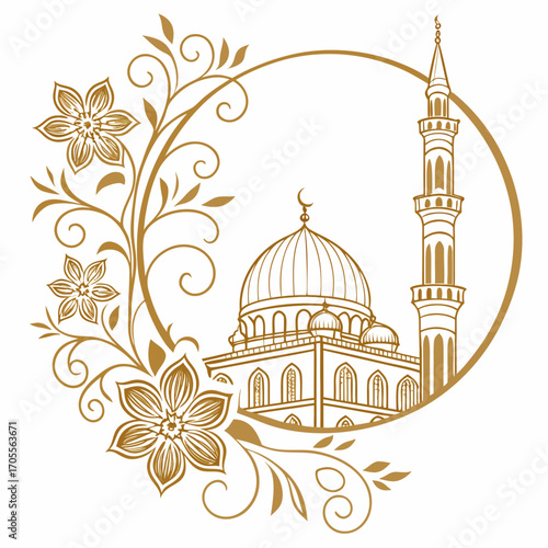 Vector art of refined mosque illustration with floral embellishments, , capturing the essence of islamic artistry and festive cheer, ideal for ramadan and eid projects