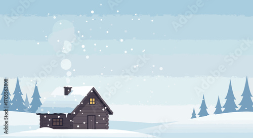 Cozy Winter Cabin with Snow-Covered Roof and Glowing Window