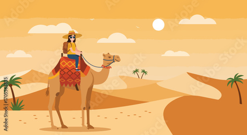 Woman Riding Camel Through Desert Landscape with Colorful Saddle and Accessories