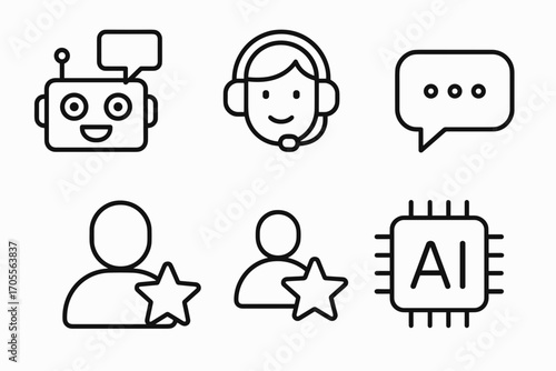 AI and Customer Service Outline Icon Set – Chatbot, Support, Rating, and Machine Learning Symbols