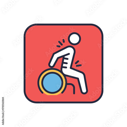 Person in wheelchair with back pain a concept showing disability and health issues in a simple icon against a red background use for medical blogs.