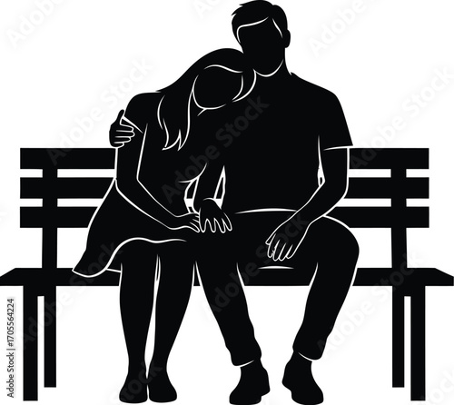 Silhouette of a couple sitting a bench, woman is resting her head mans shoulder in a tender moment