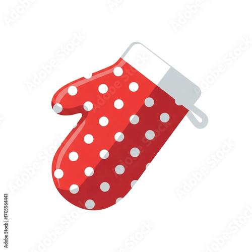 Red polka dot oven mitt for kitchen safety.