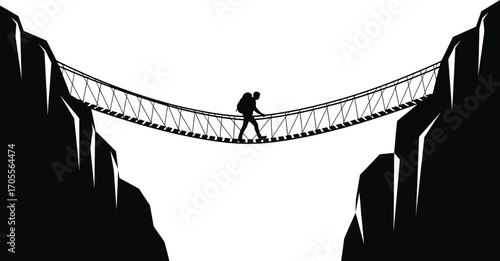 Silhouette of a hiker crossing a rope bridge adventure and challenge, conquering fears and reaching new heights