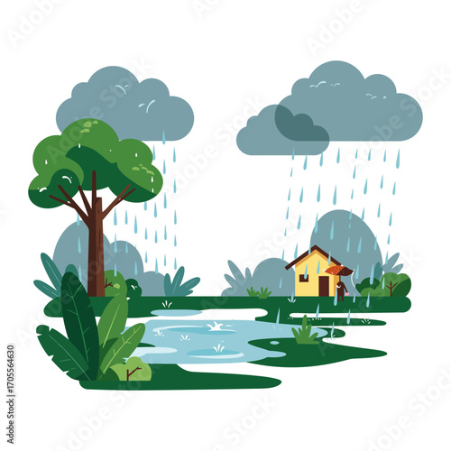 Rainy day illustration house with a person holding an umbrella in a puddle with trees during a storm for weather report visuals.