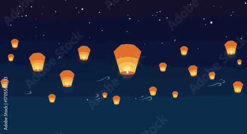 Orange Lanterns Floating in the Night Sky, Illuminated and Glowing.