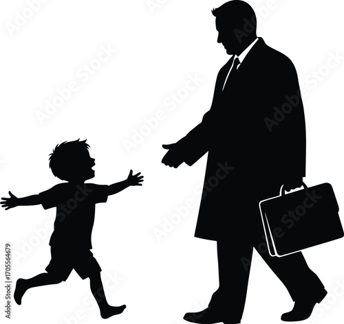 Silhouette of a child running to his father with a briefcase, vector illustration of family reunion