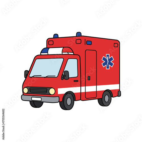 Red ambulance rushing to an emergency call driving quickly in the city for medical help illustrating urgency and healthcare services.